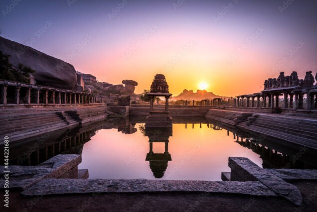 View of sunrise at Pushkarni, Sri Krishna tank in ruins. Hampi, karnataka, India.