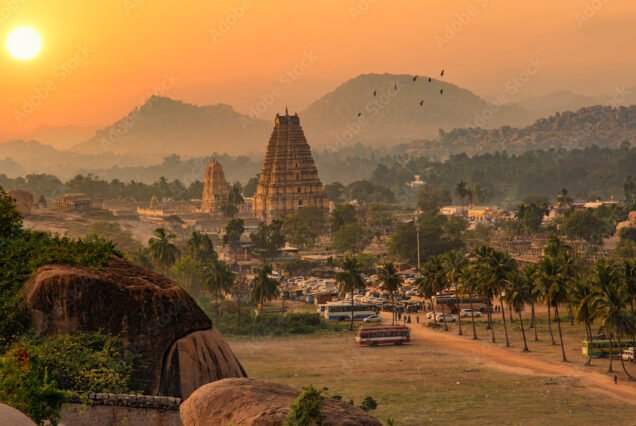 Virupaksha temple with scenic Hampi landscape and cityscape at sunset at Karnataka India