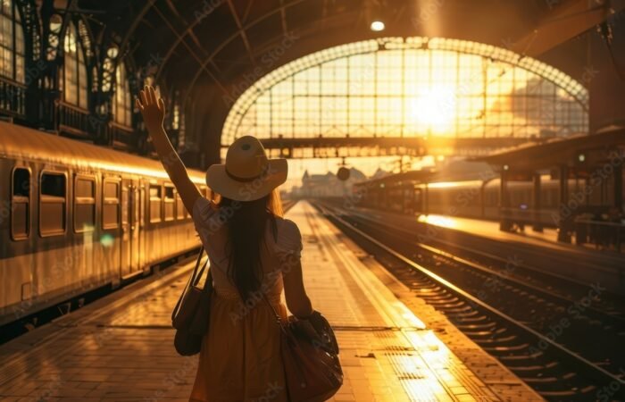 Backlit woman waving goodbye at a nostalgic sunset-lit train station, evoking warm farewell emotions