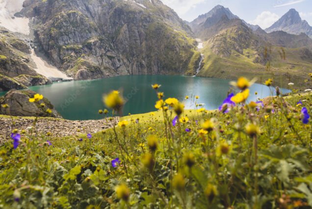 Beautiful Gadsar lake at Kashmir Great lakes trek in hill station of Sonamarg, Jammu and Kashmir. Valley of flowers, aqua marine tarn/lake, turquoise, landscape, nature, Himalayas, snow mountains